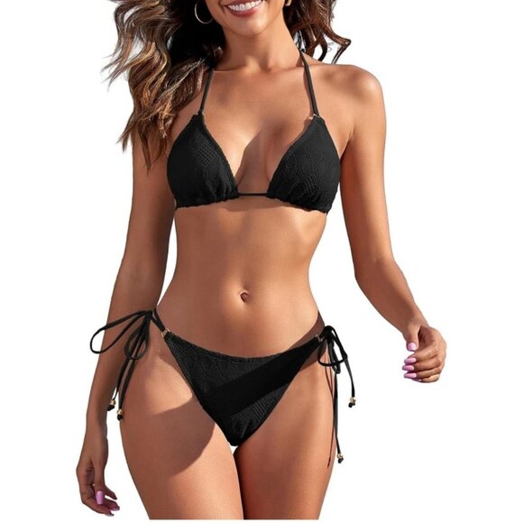 Womens Med Black Triangle Bikini Set With Adjustable Halter & Tie-Side Bottoms - Picture 1 of 10